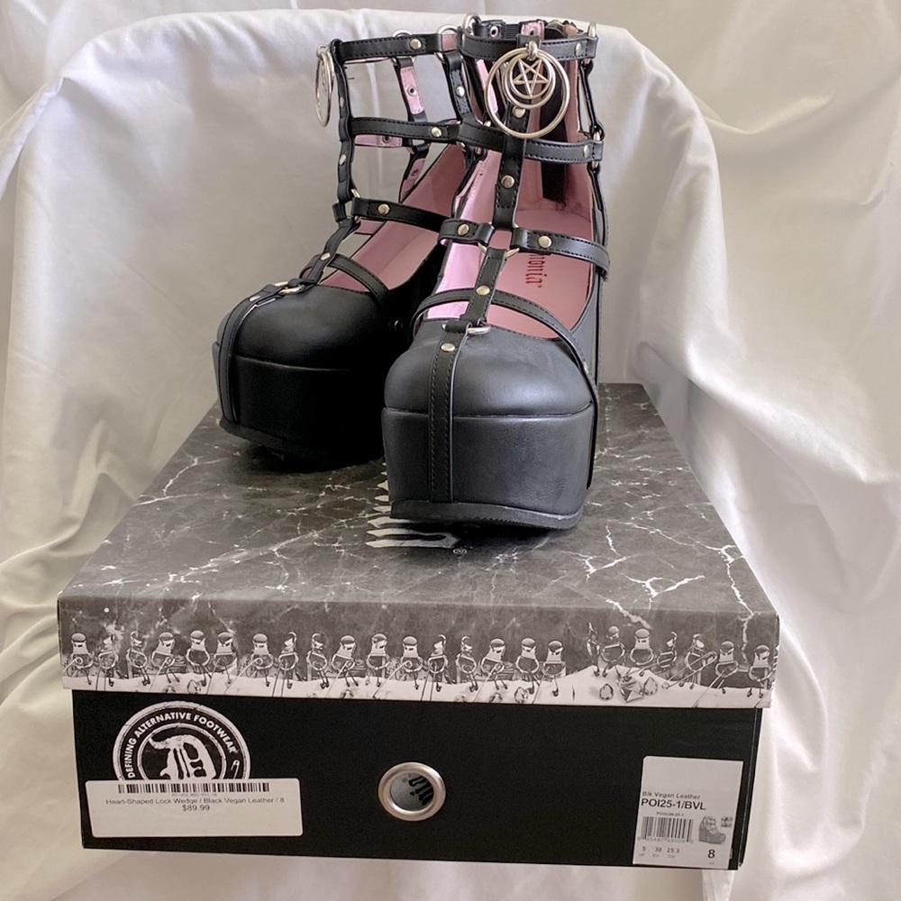 Demonia black vegan leather wedge heels